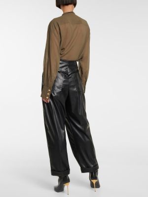 Kožené rovné nohavice s vysokým pásom z ekologickej kože Balmain čierna