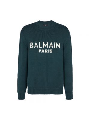 Dzianinowy sweter z nadrukiem Balmain zielony