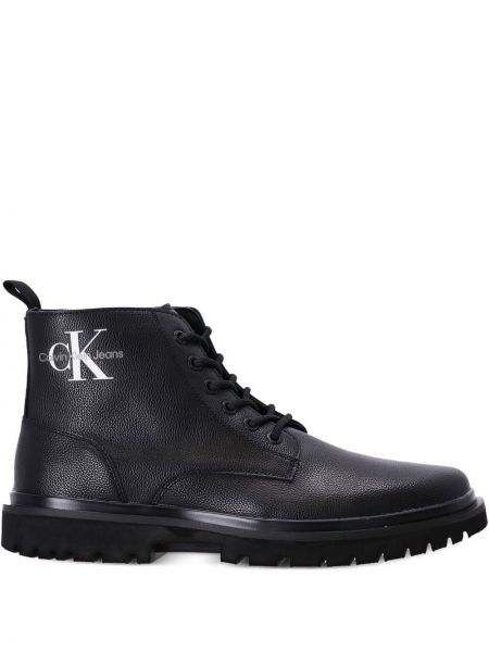 Čipkované šnurovacie členkové topánky s potlačou Calvin Klein čierna