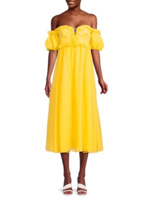Шелковое платье с открытыми плечами с рюшами Giambattista Valli желтое