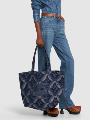 Pamučna shopper torbica s vezom Etro plava