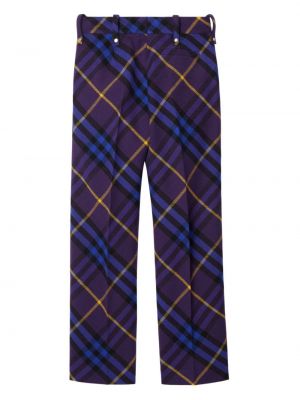 Kostkované vlněné rovné kalhoty s potiskem Burberry fialové
