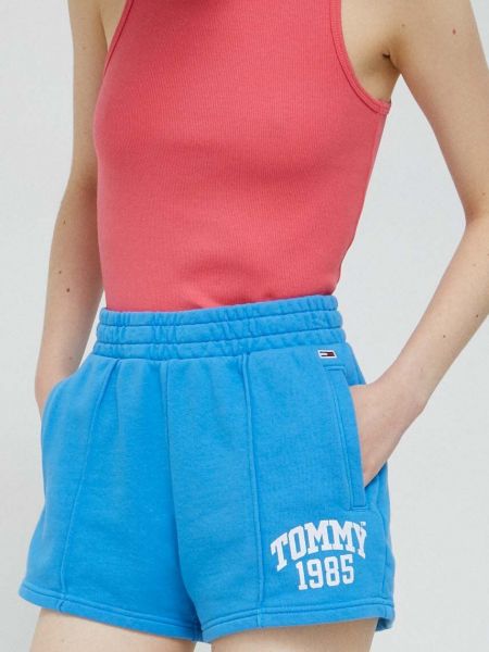 Pamučne kratke traper hlače visoki struk Tommy Jeans plava