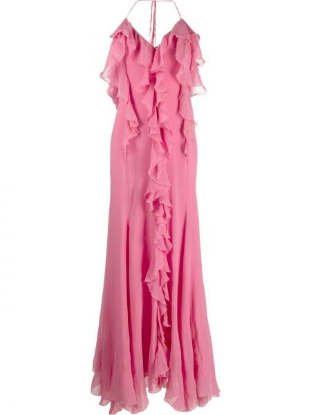 Bombažna svilena večerna obleka z volani Blumarine roza