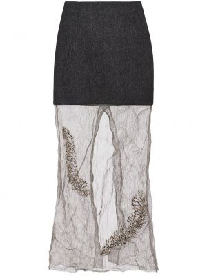 Midi sukňa s výšivkou so sieťovinou Prada sivá