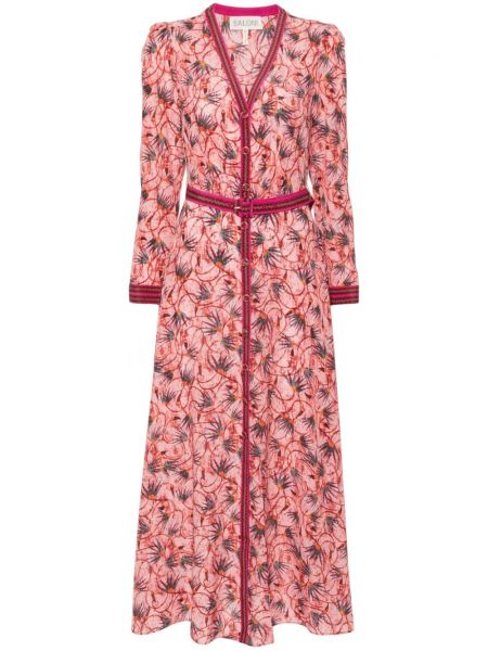 Копринена рокля на цветя с принт Saloni розово