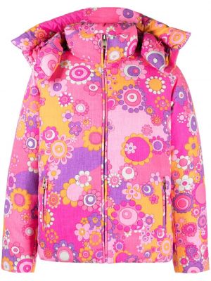 Květinová péřová bunda s kapucí s potiskem Erl růžová
