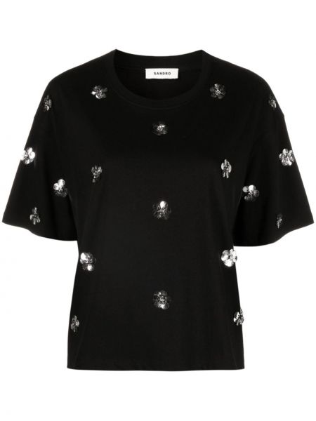 Kokvilnas t-krekls ar ziediem Sandro melns