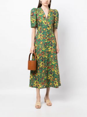 Lniana sukienka midi w kwiatki z nadrukiem Alemais zielona