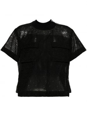Bavlněné tričko s výšivkou Sacai černé