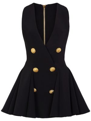 Sukienka mini z dekoltem w serek plisowana z krepy Balmain czarna