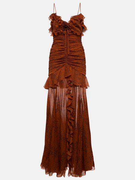 Hodvábne dlouhé šaty s potlačou s leopardím vzorom Alessandra Rich hnedá