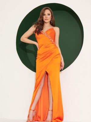 Satynowa haftowana sukienka wieczorowa Carmen pomarańczowa