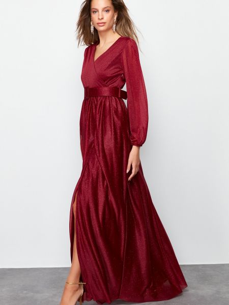 Бордовое атласное вечернее платье Trendyol