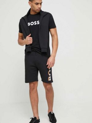 Pamučna hoodie s kapuljačom s printom Boss crna