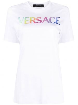 Rövid ujjú pamut póló nyomtatás Versace - fehér