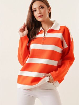 Pruhovaný sveter na zips By Saygı oranžová