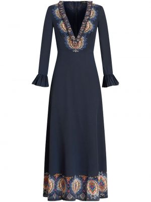 Svilena dolga obleka s potiskom s paisley potiskom Etro modra