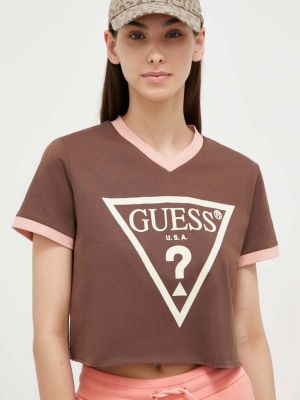 Памучна тениска кафяво Guess