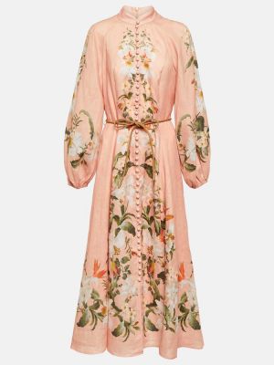 Květinové lněné dlouhé šaty Zimmermann růžové