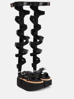 Mežģīņu dabīgās ādas sandales ar šņorēm Sacai melns