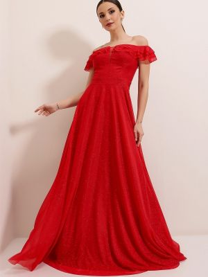 Tylové dlouhé šaty By Saygı červené