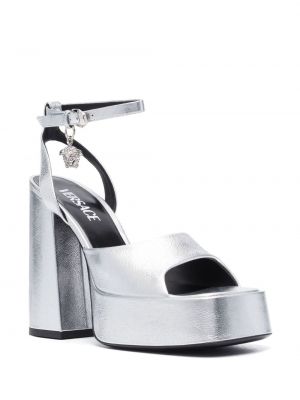 Kožené sandály na platformě Versace stříbrné