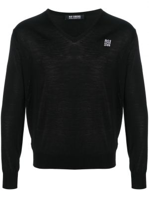 Vlnený dlhý sveter s výšivkou z merina Raf Simons čierna