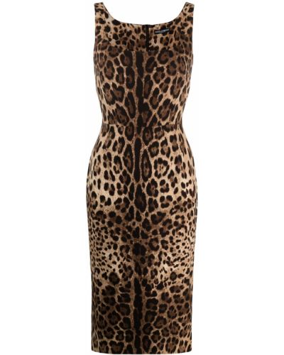 Прилепнала коктейлна рокля с принт с леопардов принт Dolce & Gabbana кафяво