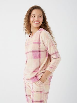 Клетчатая пижама с длинным рукавом с круглым вырезом Lcw Dream розовая