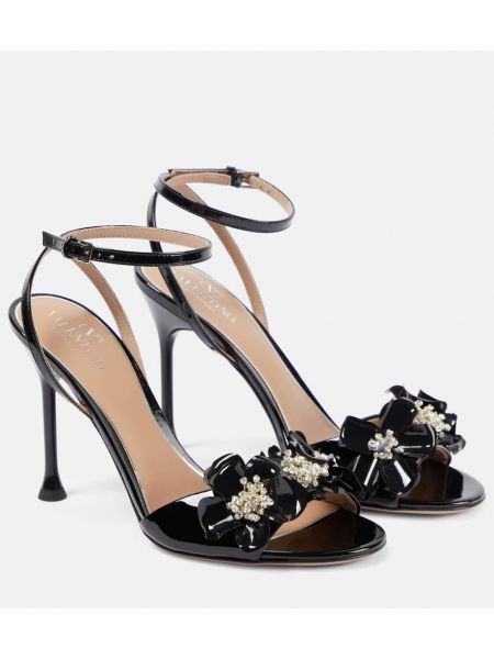Lakované květinové kožené sandály Valentino Garavani černé
