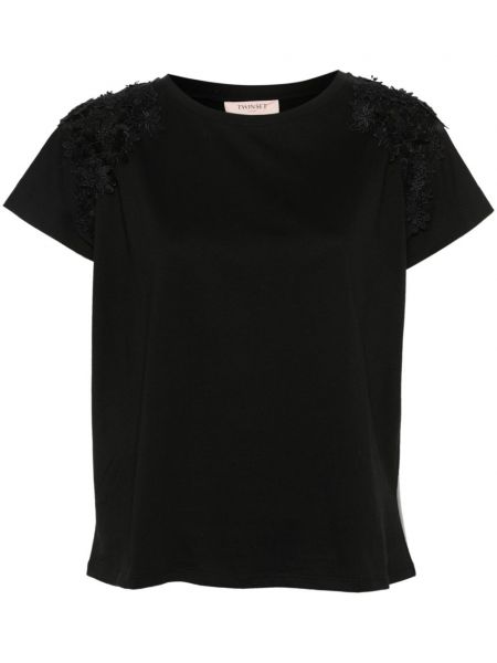 T-shirt en coton à fleurs avec applique Twinset noir
