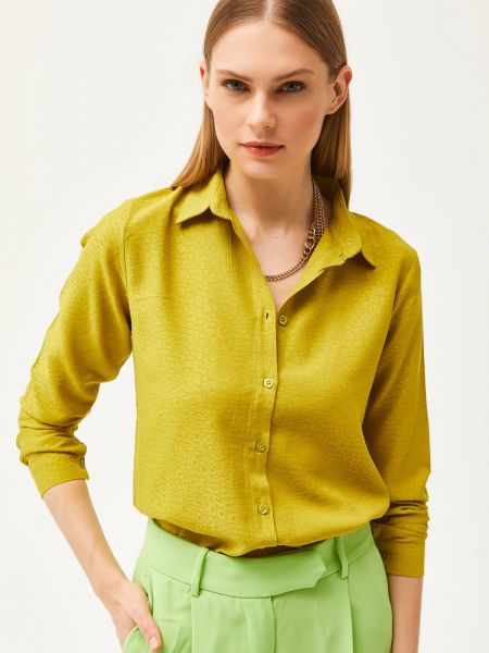 Σατέν πουκάμισο με λεοπαρ μοτιβο ζακάρ Olalook πράσινο