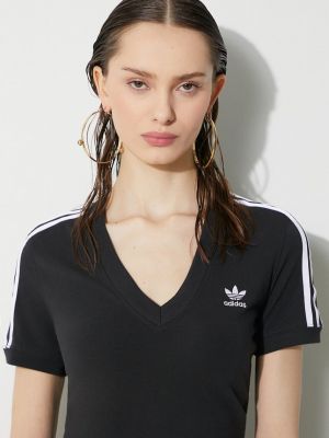 Tricou cu dungi cu decolteu în v cu dungi Adidas Originals negru