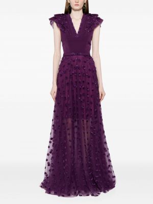 Taškuotas vakarinė suknelė su karoliukais iš tiulio Saiid Kobeisy violetinė