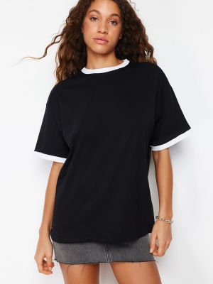 Adīti svītrainas kokvilnas t-krekls Trendyol melns