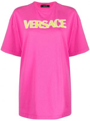 Bombažna majica s potiskom Versace roza