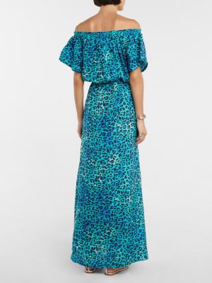 Hodvábne dlouhé šaty s potlačou s leopardím vzorom Anna Kosturova modrá