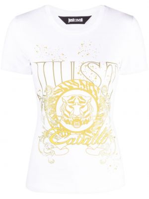 T-shirt en coton à imprimé et imprimé rayures tigre Just Cavalli blanc