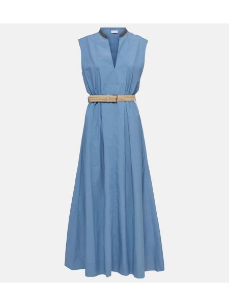 Bavlnené dlouhé šaty Brunello Cucinelli modrá