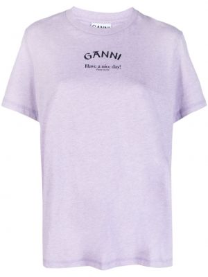 Bavlněné tričko s potiskem Ganni fialové
