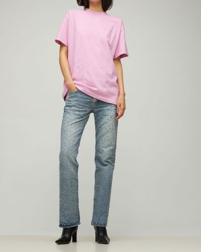 Bavlnené priliehavé tričko s výšivkou Balenciaga ružová