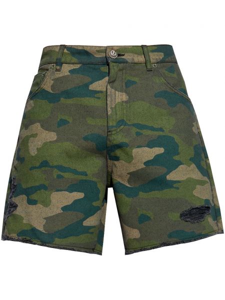 Bermuda kratke hlače s izlizanim efektom s printom s camo uzorkom Balmain zelena
