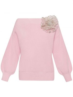 Sweter wełniany w kwiatki Oscar De La Renta różowy