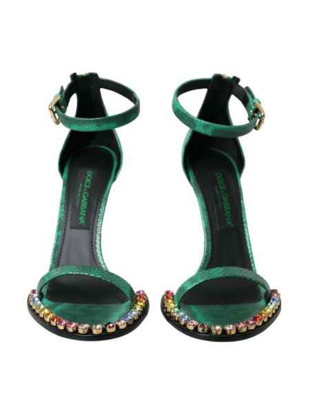 Sandalias de tiras de cuero de cristal de estampado de serpiente Dolce & Gabbana verde