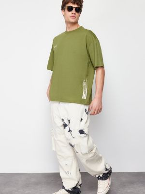 Oversized bombažna polo majica s potiskom Trendyol kaki