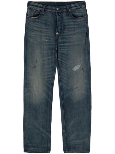 Haftowane proste jeansy Evisu niebieskie
