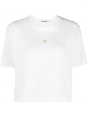 Medvilninis siuvinėtas marškinėliai Calvin Klein Jeans balta