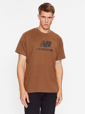 Bavlnené priliehavé tričko s krátkymi rukávmi New Balance hnedá