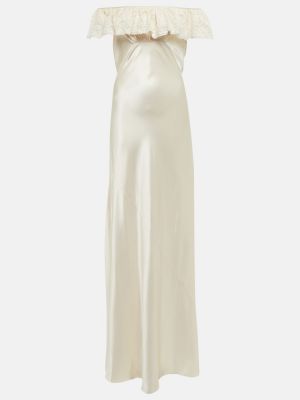 Krajkové saténové dlouhé šaty Saint Laurent bílé